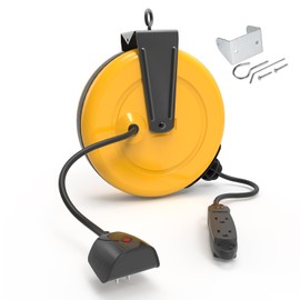 30Ft Retractable Extension Cord Reel, Ceiling/Wall Mount 16/3 Gauge SJTW Power Cord with 3 Outlets Triple Tap for Garage, Shop, 10 Amp Circuit Breaker, Durable Coated Metal Plate, ETL Listed