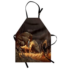 Ambesonne Western Apron, Rock Mountain Landscape with Cowboy Riding Horse NorthmericStyle, Unisex Kitchen Bib Apron with Adjustable Neck for Cooking Baking Gardening, Earth Yellow Grey