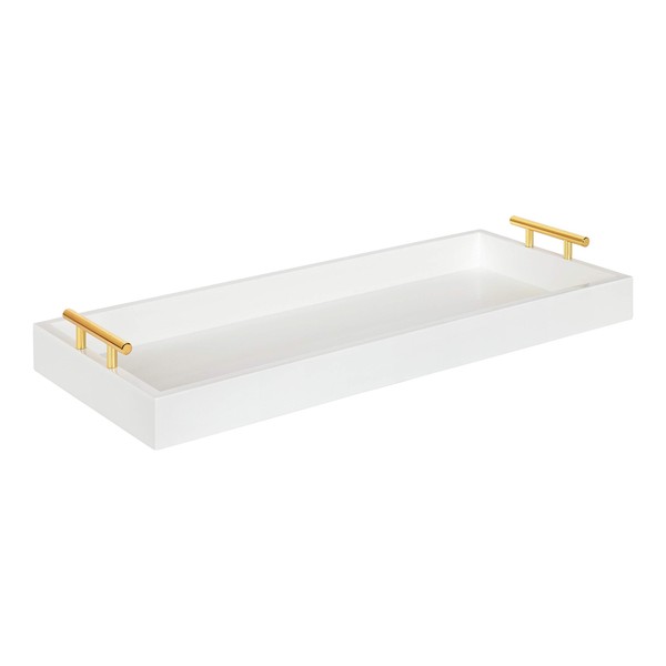 Kate and Laurel Lipton Narrow Decorative Tray with Polished Metal Handles, White and Gold