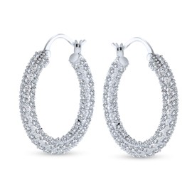 Bridal Cubic Zirconia Pave CZ Encrusted Prom Statement Hoop Earrings For Women Silver Plated Brass 1.3 Diameter