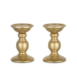 Set of 2 Gold Metal Pillar Candle Holders for 3 inches Dia Candle, Wedding Centerpieces Candlestick Holders Stand Centerpiece Decoration Ideal for Weddings, Special Events, Parties