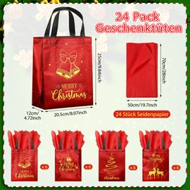 Pack of 24 Christmas Gift Bags with Tissues, Medium, Red, Reusable Christmas Carrier Bags with Handles, Metallic Gold Foil Goodie Bags, Non-Woven Gift Bags