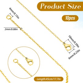 10 Stück Goldfarben Kette Edelstahl Schmuck Halskette 45cm Gliederkette mit Karabinerverschluss Bulk Kabelketten Bordsteinketten Chain Schlangenkette für Bastelarbeiten Anhänger Armband DIY