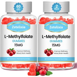 2 Pack L-Methylfolate 15mg Gummies, Methylated Multivitamin with Methylated B12, Active 5-MTHF Form, Supports MTHFR Mutation, Methylation, Mood & Cognition, Vegan, Cranberry Flavor, 120 Cts