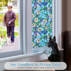 Coavas Decorative Window Privacy Film, Heat Control Sun Blocking Stained Glass Window Film, Floral Design Static Cling, Non Adhesive Windows Tint for Bathroom Front Door(Vinyl, 29.5" x 118.1 ")