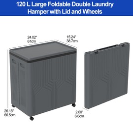 120 L Large 2 Section Laundry Hamper with Lid and Wheels, Gray