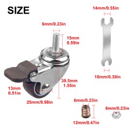 DBREAKS 25 mm Swivel Castor, 4 x Transport Castors, M6 x 15 mm Swivel Castor with Thread, Furniture Castor with Brake Made of TPE, Capacity 44 kg in total, Rubber Castor for Small Devices