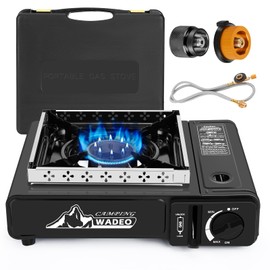 WADEO Three Fuel Portable Camping Stove with Windblocker, 3 in 1 Propane Butane Isobutane Stove with Carrying Case and Stainless Steel Hose Adapters, Gas Camp Stove for Cooking, BBQ, Travel RV, Hiking