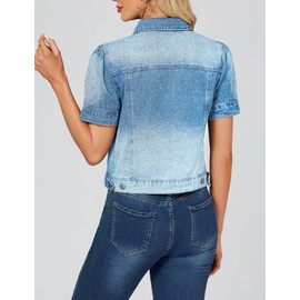 LifeShe Puff Short Sleeve Denim Jacket for Women Summer Cropped Jean Jacket Non-stretch Crop Coat