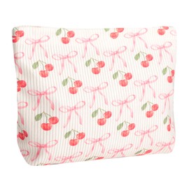 Ksriylm Cute Cherry Makeup Pouch for Women Small Make Up Bag for Purse Zipper Initial Makeup Cosmetic Bags Pouches for Purse Aesthetic Travel Toiletry Bags, Pink Cherries Bows