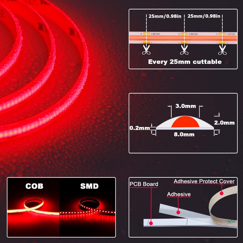 TOPAI 12V COB LED Strip Light Red 16.4ft Waterproof IP65