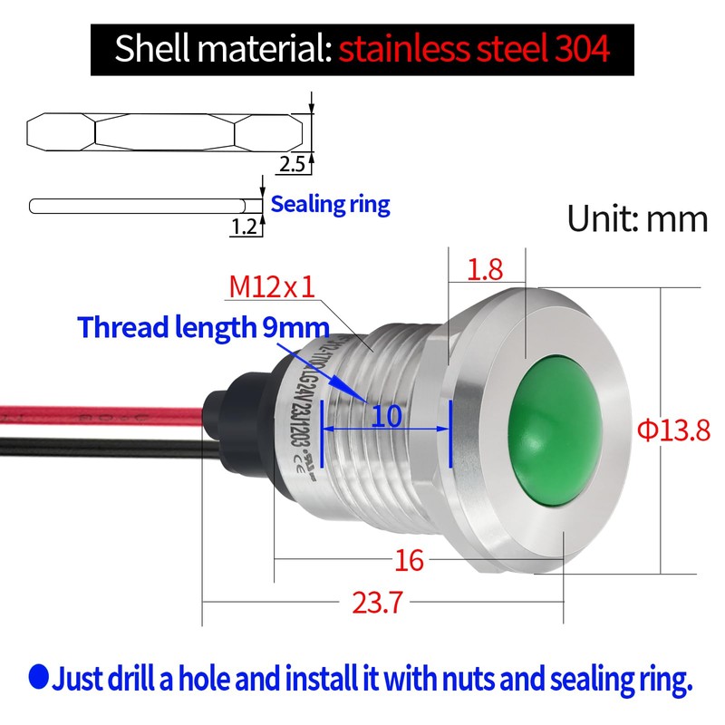 UL Listed Indicator Light 12mm 0.47" LED Lamp with 140mm
