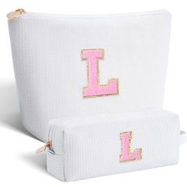 Btffitting Monogrammed Gifts for Women - Cosmetic Bag for Teen,Initial Cute Makeup Bag Set for Women,Trendy Pouch for Niece Sister Friend Female Her,Birthday Gifts for Daughter - White,L