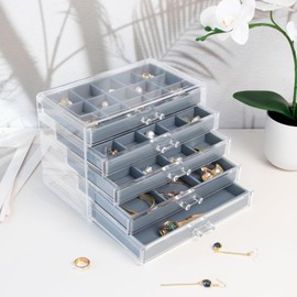KAMIER Earring Holder Organizer Box with 5 Drawers, Clear Acrylic Jewelry Organizer Box for Women,20 Pcs Portable Clear Jewelry Bag Set for Earrings Ring Bracelet Necklace,Bluish Grey