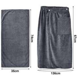 Tolenre Sauna Kilt and Towel Set for Men, Adjustable Sauna Towel, Shower Towel with Press Studs, Large Quick-Drying Sauna Towel, Sauna Skirt Sauna Sarong with Pockets, 70 x 140 cm, Grey