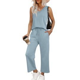 WIHOLL Womens Two Piece Outfits Summer Pant Sets Travel Set Womens Clothing V Neck Tops Matching Sets Petite Lounge Sets Blue S