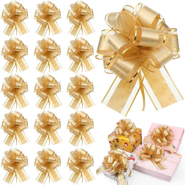 20 Pieces Pull Bow Gift Wrapping Pull Bow Ribbon Pull Bows for Christmas Wedding Baskets Valentine's Day Bows Multicolor Ribbon Bow for Gift Wrapping, 6 Inches Diameter (Gold)