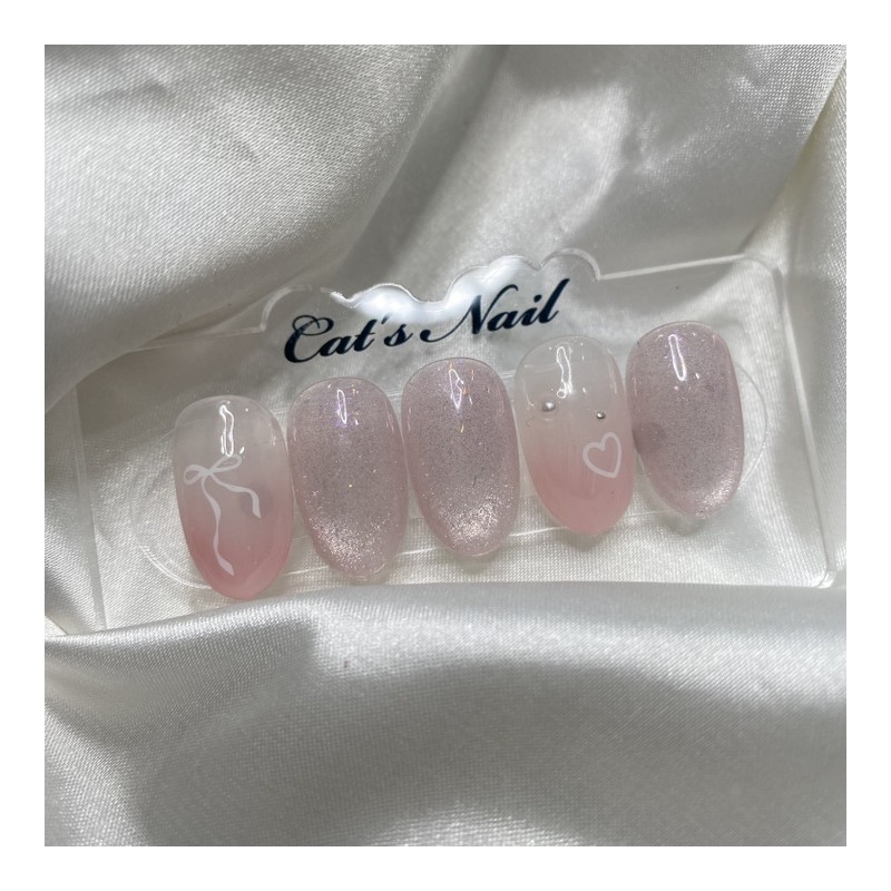 Ribbon pink magnetic nail handmade nail tip - Oval /