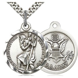 Men's Round Sterling Silver Saint Christopher Army Medal + 24 Inch Rhodium Plated Chain & Clasp| USA Made
