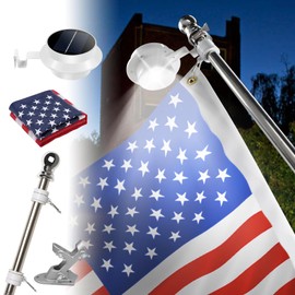 Silver 6ft American Flag Pole Kit with Solar Light for Outside House, Outdoor Tangle Free Metal Flagpole with Holder Bracket, 3x5 Foot Embroidered Flags, 13 LEDs Light Solar Powered, Work 10+Hours
