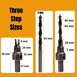 YaaYii Adjustable Multi-Step Countersink for Confirmat Screw Two-Piece Drill Bit M7 X 60mm/ 70mm/ 75mm Diameter 6mm Tools
