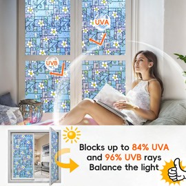 DUOFIRE Stained Glass Window Film Color Flower Pattern Privacy Window Film Decorative Glass Film No Glue Anti-UV Window Sticker Non Adhesive for Bedroom Living Room 11.8in. x 47.2in. DP003-1