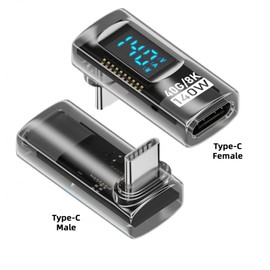 CY Adapter Transparent Type-C Smart LED Display USB-C Male to Female Extension Adapter USB 4.0 40Gbps 140W Up and Down Angled 90 Degree Current Voltage Monitoring