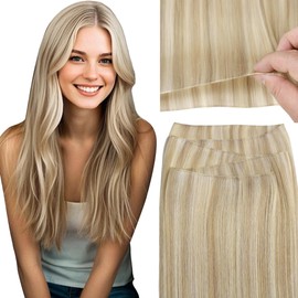 Loxxy Sew in Hair Extensions Real Human Hair 18 Inch Hand Tied Genius Weft Hair Extensions for Women Light Brown Highlighted Platinum Blonde One Piece 50g P#8/60A
