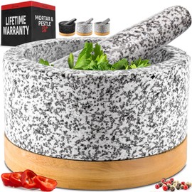 PriorityChef Heavy Duty Mortar and Pestle Set with Bamboo Base, 100% Natural Granite Stone Grinder, Guacamole Bowl and Masher, 4 Cups, White