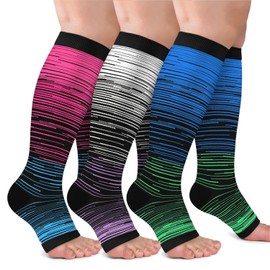 ACTINPUT 3 Pairs of Compression Stockings for Men and Women, Compression Socks Open Toe Graduated Support Stockings for Flight, Running, Sports, Travel, Cycling, B05-Multicolor