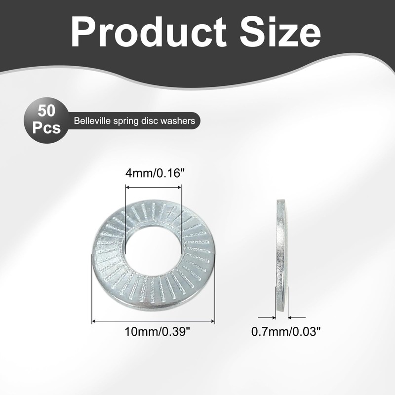PATIKIL M4x10x0.7mm Flat Washers 50Pcs 65Mn Steel Belleville Spring Disc
