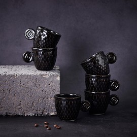 WE collection Set of 6 Espresso Coffee Cups, Ceramic 3 oz Demitasse Cups, Unique Embossed Vintage Small Espresso Cups (Black)