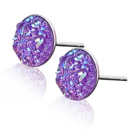 Druzy Stud Earrings, 8mm Silver-tone Faux Druzy Earrings, 925 Sterling Silver Crystal Studs Earrings for Women Christmas Gift for Her(Purple)