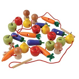 Constructive Playthings Kids Wooden Fruits and Vegetables with Lacers, 26 pcs., Multicolor