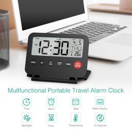 ORIA Digital Travel Alarm Clock, Small Foldable Alarm Clock, Battery Operated LCD Desk Clock, Simple Operation Calendar Clock with Backlight, Date, Temp, Snooze, for Travel Business Trip Home