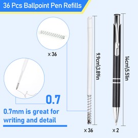 Pack of 36 Ballpoint Pen Refills 0.7 mm - Tikplus Black Ballpoint Pen Refills with Spring and 2 Pens Ballpoint Pen Refills for Office, Business, School and Home Writing Colour