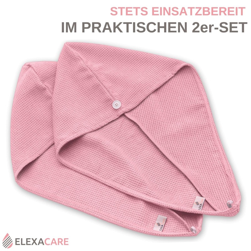 ELEXACARE Hair Turban, Turban Towel with Button (2 Pieces Pink/Rose),