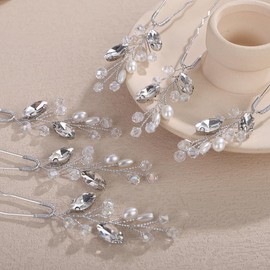 Teyglen 6pcs Silver Crystal Pearl Wedding Hair Pins Bridal Rhinestone Hair Pins Clips Sparkly Hair Accessories Set for Women Headpiece Shiny Head Piece (Silver)