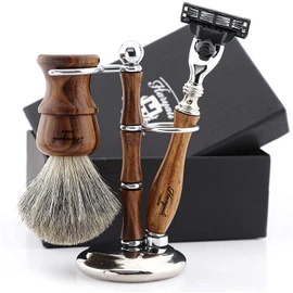 Haryali London Luxury Shaving Set for Men - Safety Razor Set for Men Including Badger Hair Shaving Brush, Shaving Stand, 3 Edge Wet Razor - Shaving Set Made of Wood Metal - Shaving Kit - Gift for Men