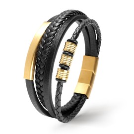 UNIQAL Black Shape Men's Leather Bracelet Stainless Steel Genuine Leather Case Box, Leather