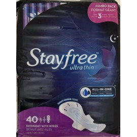 Stayfree Ultra Thin Overnight Pads with Wings, Overnight Absorption - 40 pads