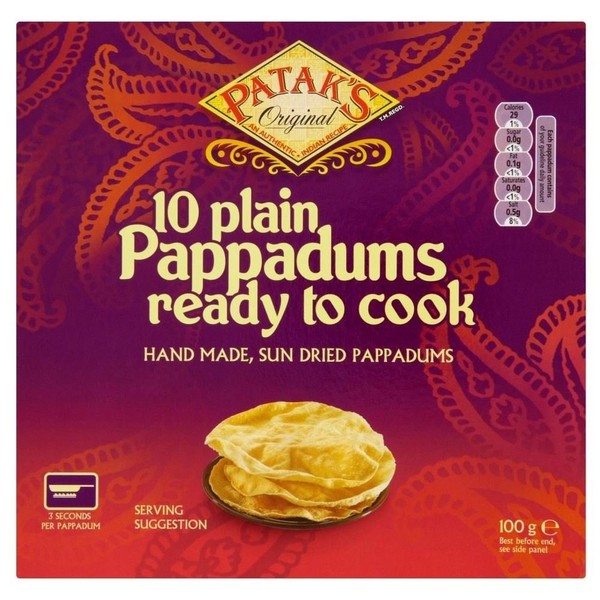 Patak's Plain Ready to Cook Pappadums (10 por paquete – 100 g) – Paquete de 6