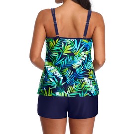 Tempt Me - Traje de baño tankini de dos piezas para mujer con control de abdomen y pantalones cortos, traje de baño atlético con dos bolsillos laterales, Hojas verdes y azules, M