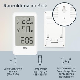 ADE Digital Hygrometer & Thermometer, Indoor Moisture Meter with Time, Digital Clock with Temperature and Humidity, for Office, Children's Room, Bedroom, Bathroom, Portrait Format, White