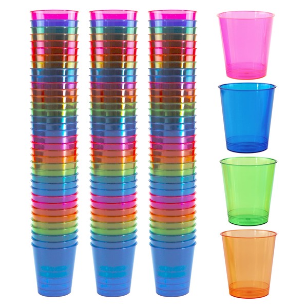 Iconikal Plastic Shot Glasses, 4-Color Assortment, 1-Ounce, 90-Count for Parties, Special Events, Samples, Cocktails, Tailgating