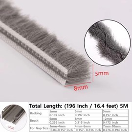 Zjclx 5m (16feet) Brush Weather Striping Card-Slot Seal Strip Pile Weatherstrip Door Sweep Brush for Door Window (5mm x 8mm (3/16" 5/16"), Gray)