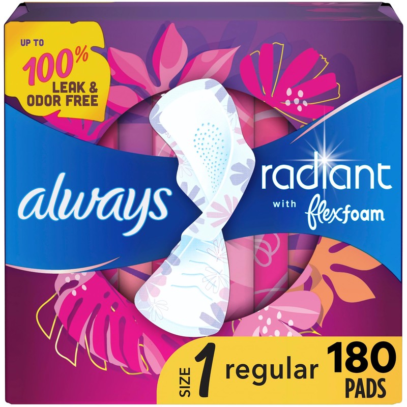 Always Radiant Feminine Pads for Women, Flexfoam Pads with Wings,