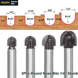 Akylin 4Pcs Core Box Router Bit Set,1/4 Shank Radius 1/8",5/32",3/16",1/4",Half Round Groove Router Bit,Round Nose Bis,Double Edging Cove Bits for Wood Grooving