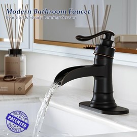 BWE Oil Rubbed Bronze Bathroom Sink Faucet 1 Hole, Single Handle Waterfall Bathroom Faucet with Pop Up Drain and Hoses, Lead-Free Vanity Faucet for Home or Commercial Use, Brass Construction