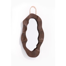 Handcrafed Rustic Wood Framed Wall Mirror, Wavy Irregular Oval Shape